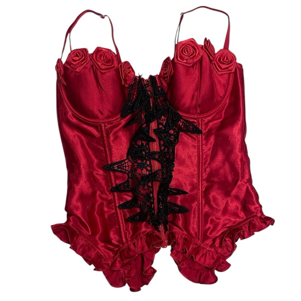 Y2K Elegant Red Satin Lace Corset with black lace and ruffles And Roses 🌹‎